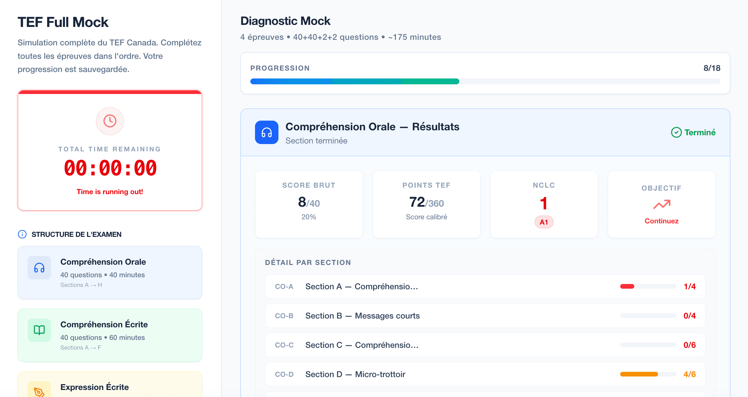 TEF Mock Exam Interface Screenshot